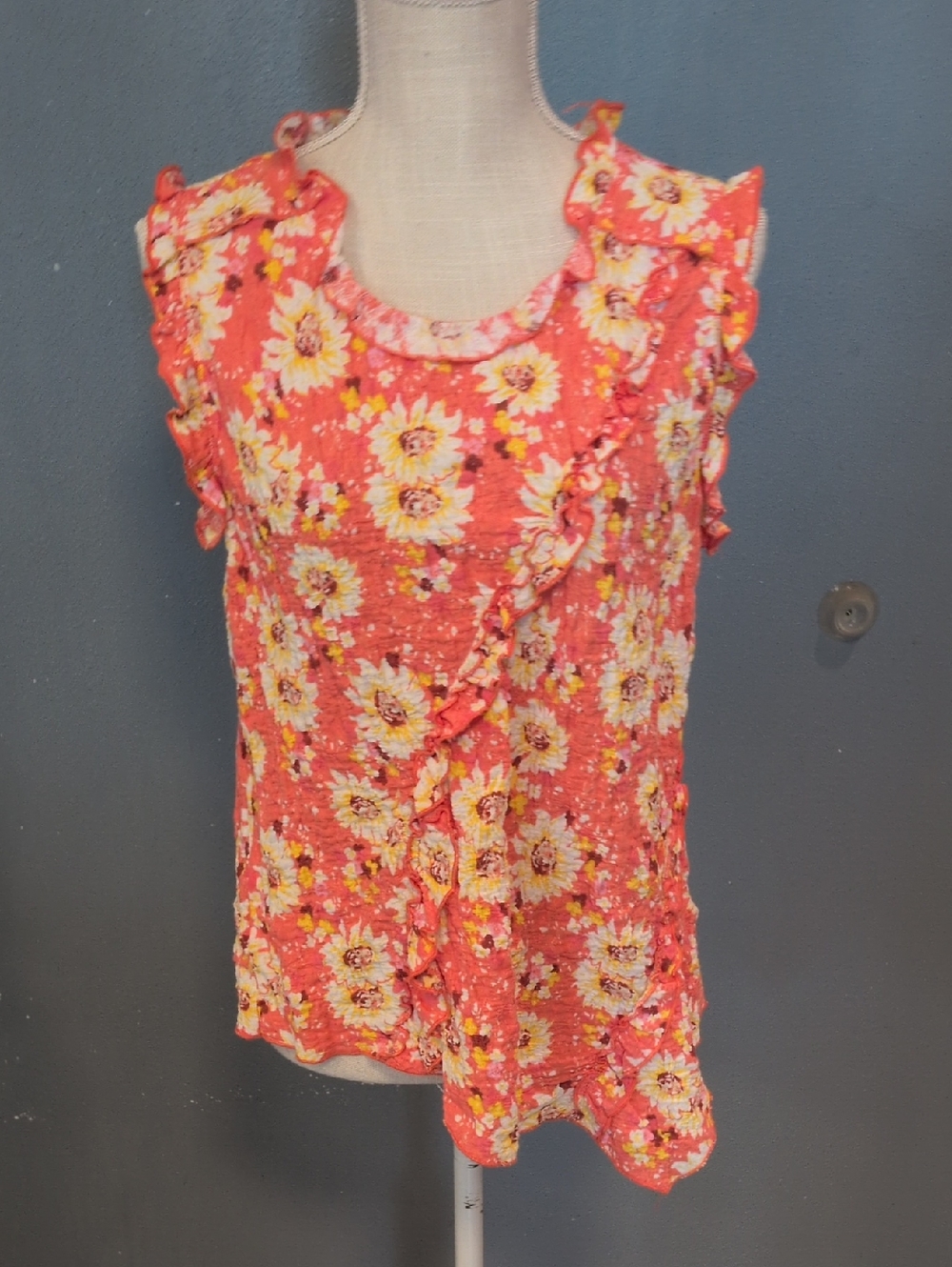 Cato Asymmetrical Textured Cotton Ruffled Sunflower Tank Top Summer Resortwear